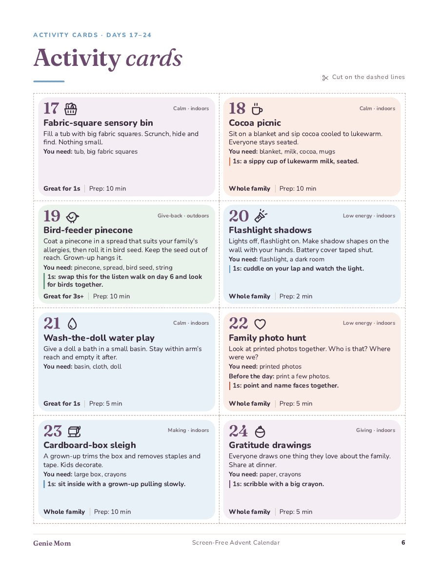 Activity cards for days 17 to 24, each with a supplies line and a prep time