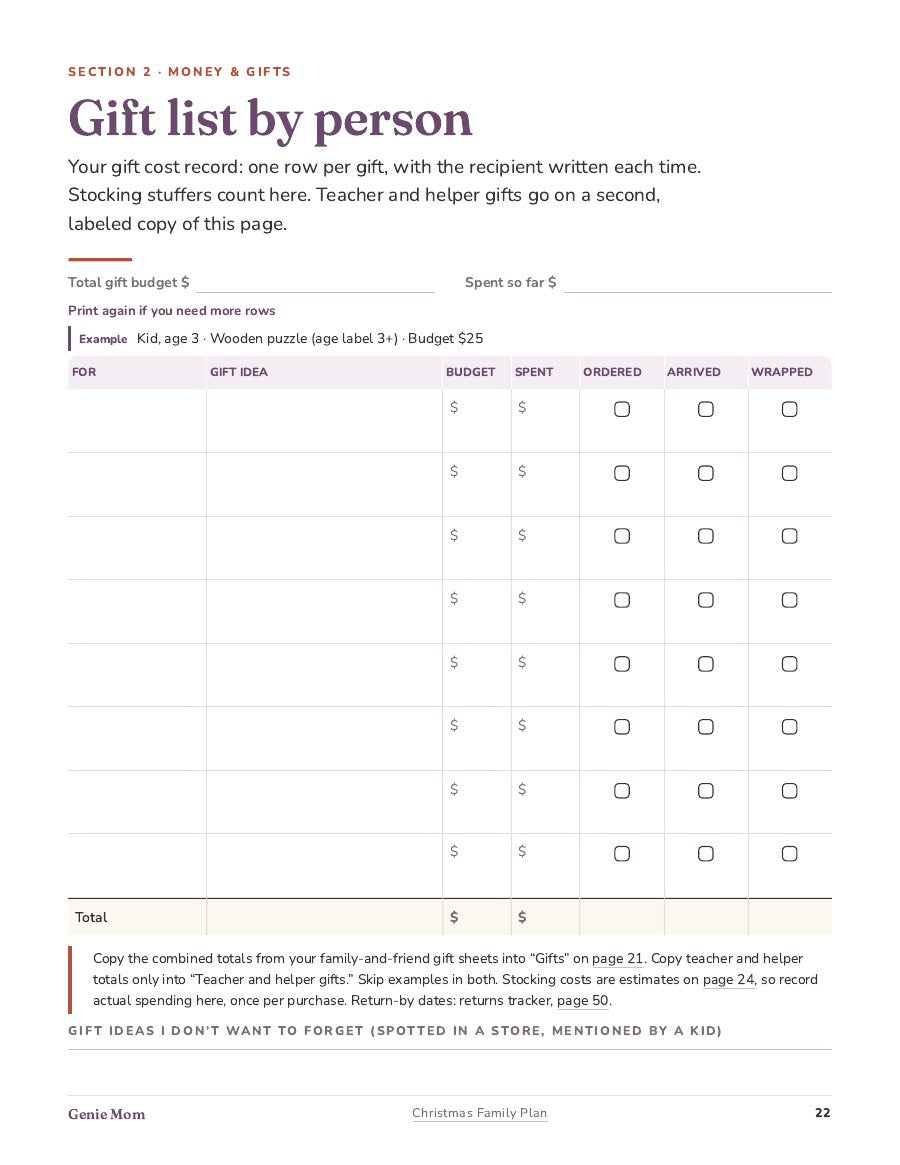 The Gift list by person worksheet with a row for each gift