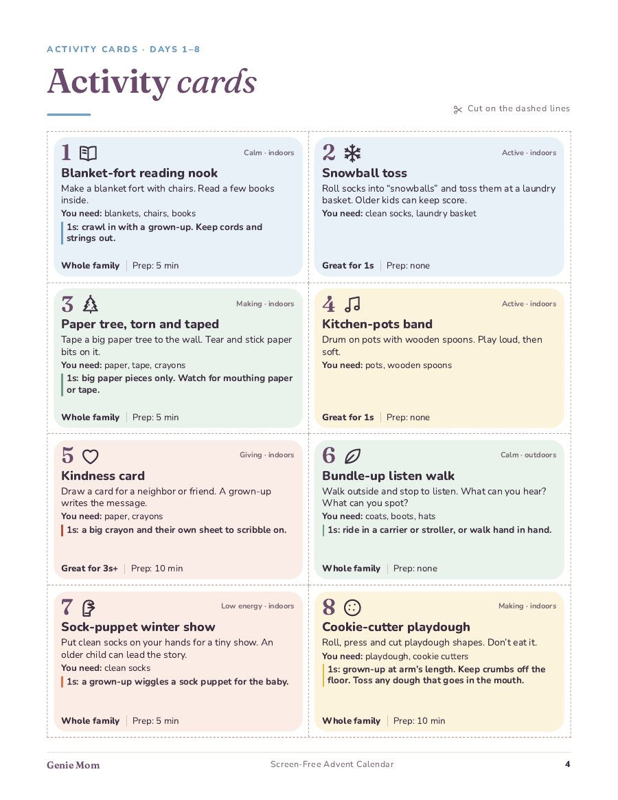Activity cards for days 1 to 8